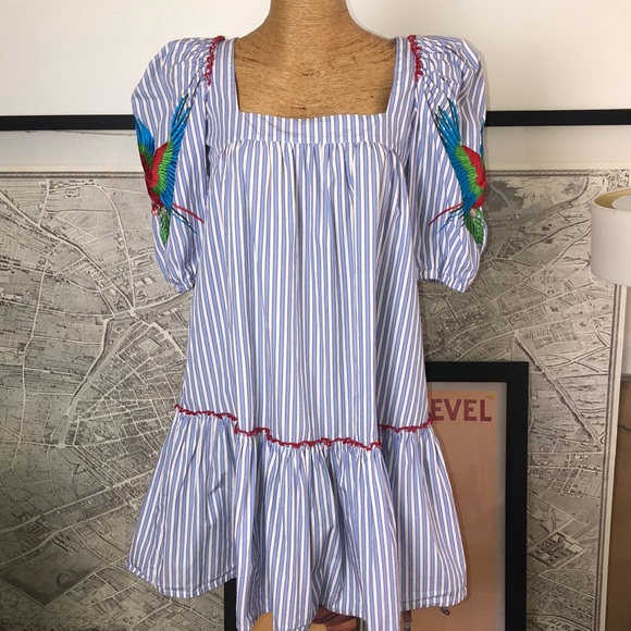 NEMA Resort Wear Striped Dress with Parrot Embroidery Size S/M